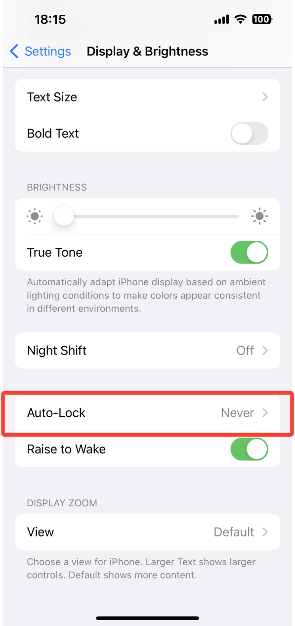 The Auto-Lock option under Display and Brightness settings