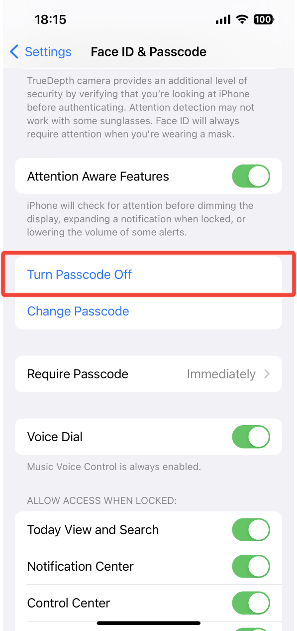 The Face ID and passcode screen with the option Turn Passcode Off