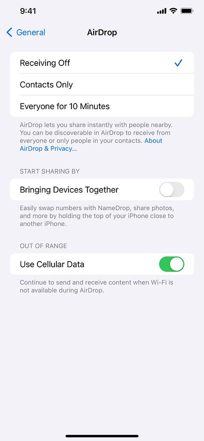 The Bringing Devices Together feature is disabled on Airdrop settings.