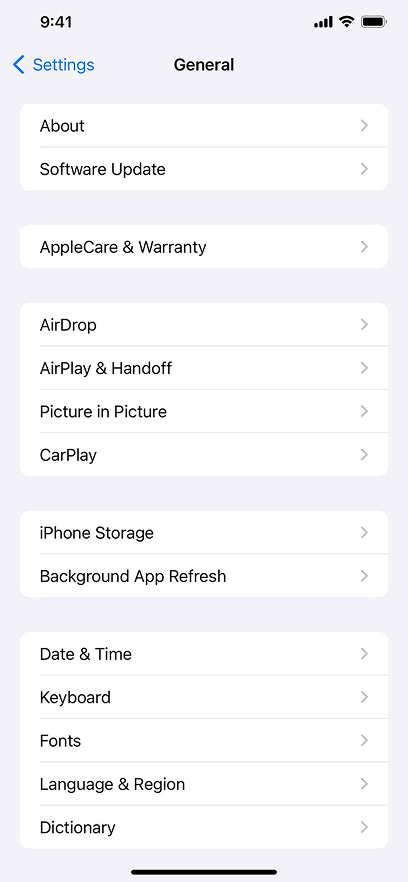 General settings screen showing navigation to AirDrop configuration options.