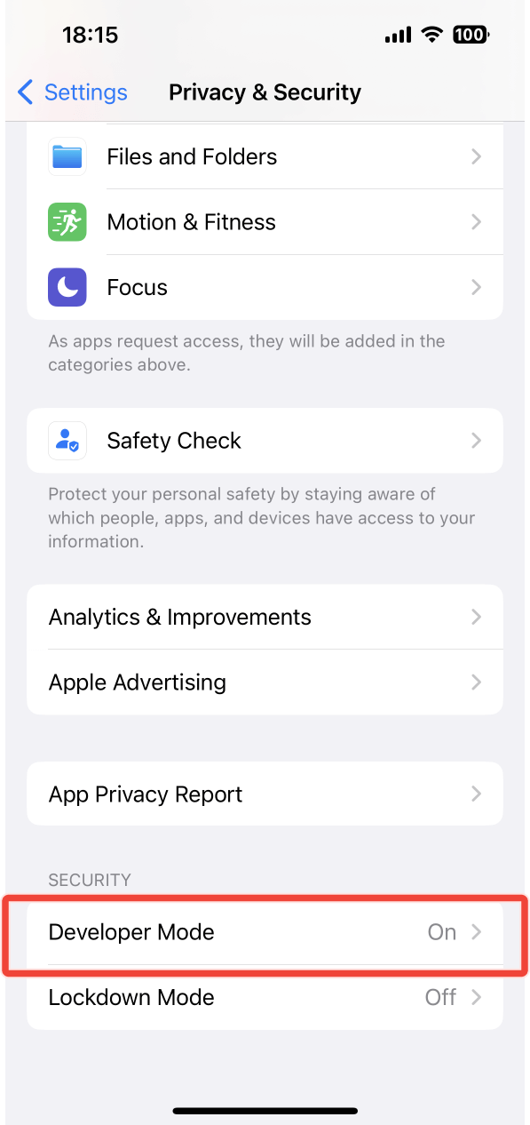 The Developer Mode option under Security and Privacy