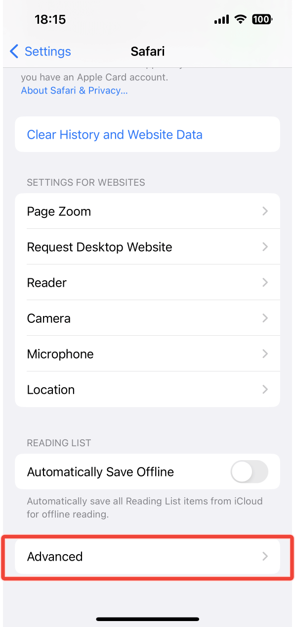 The Advanced option under Safari settings
