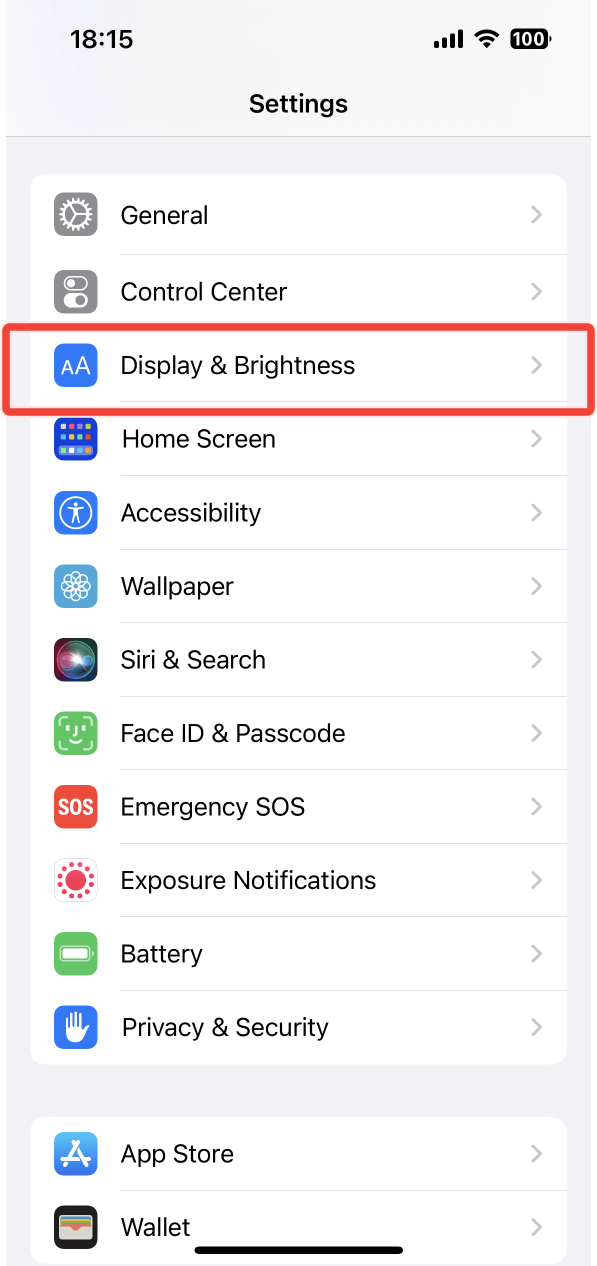 The Display and Brightness option under Settings