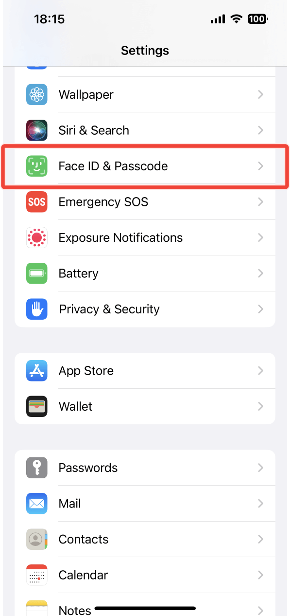 The Face ID and Passcode option under Settings