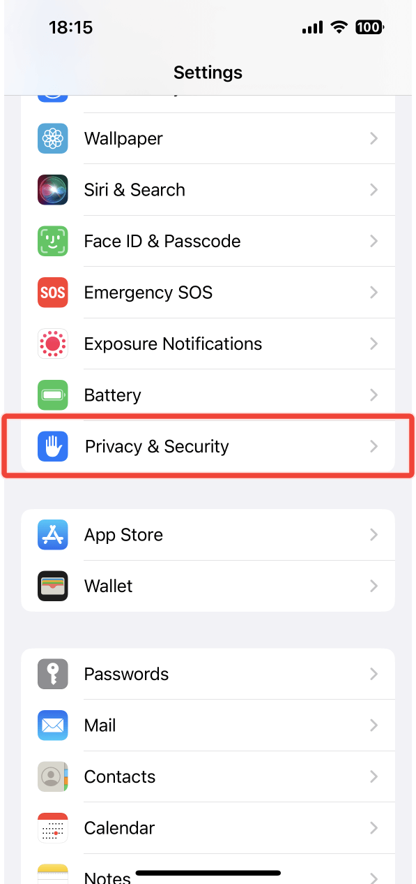 The Privacy and Security option under Settings
