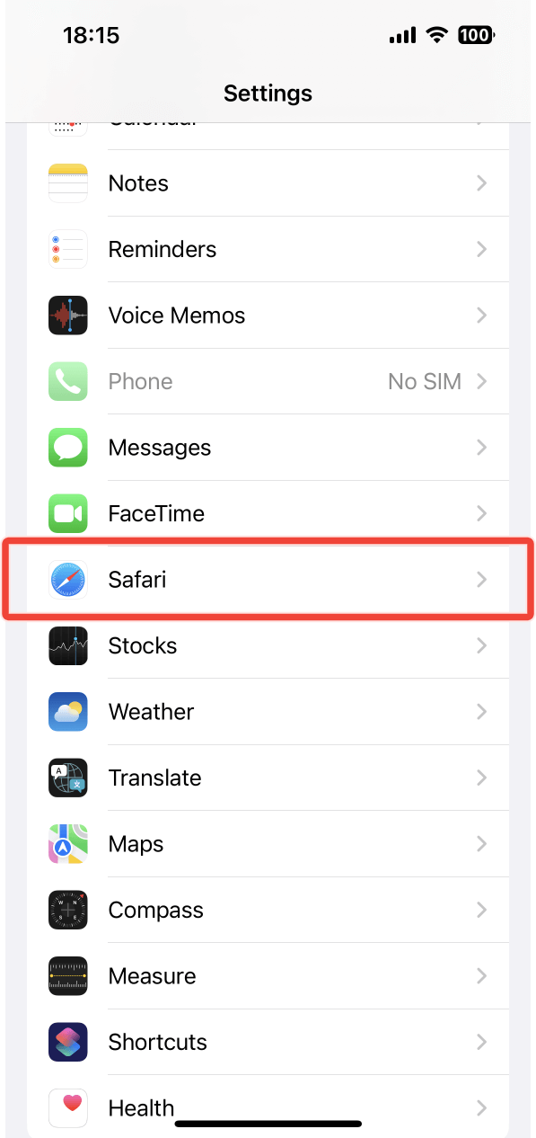 The Safari option under Settings