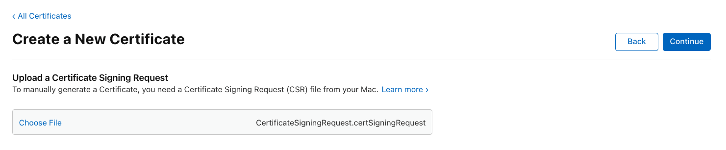 Select *Choose File*, choose the `.certSigningRequest` file, then select *Continue*