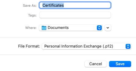 Choose the *Personal Information Exchange (.p12)* file format, then select *Save*