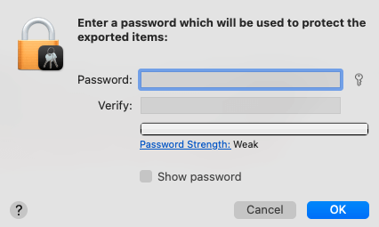 Enter a password to protect the certificate, or leave the fields blank and select *OK*