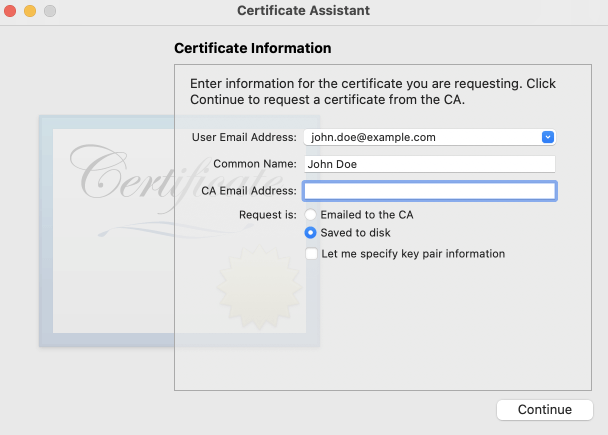 Enter your email and name, but leave *CA Email Address* blank. Then choose *Save to disk* and select *Continue*