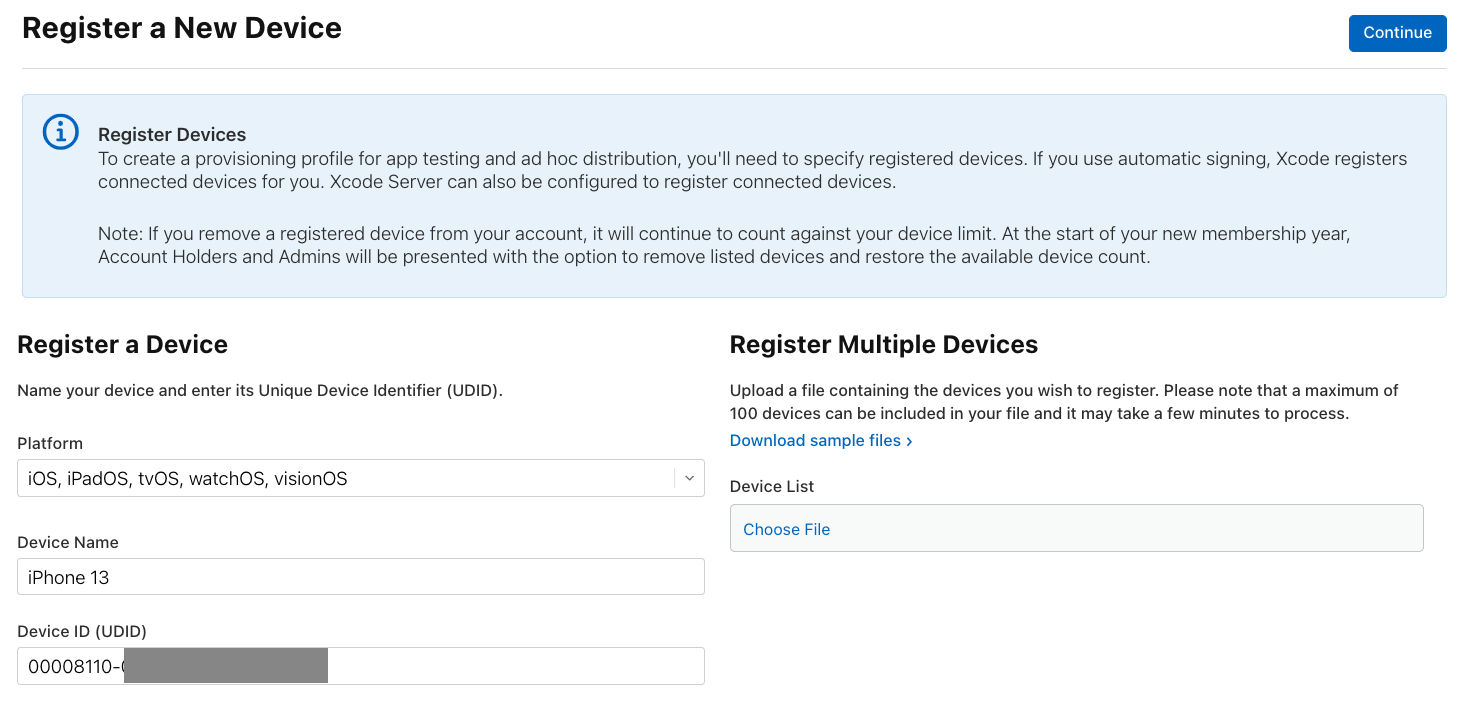 The register new device screen with options to add single or multiple devices