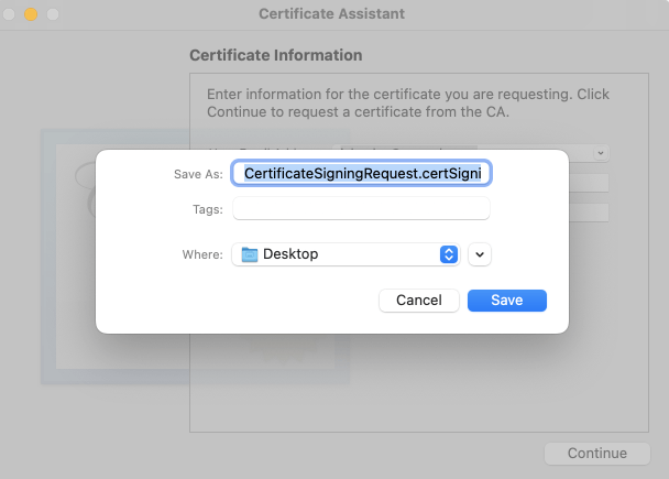 Select *Save* to download your `.certSigningRequest` file.