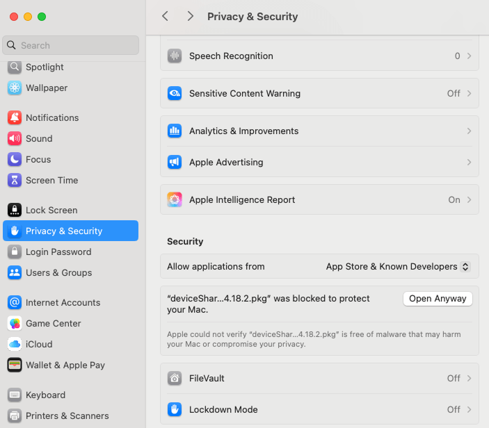 The Privacy and Security screen under Settings with the Open Anyway option for the deviceShare package
