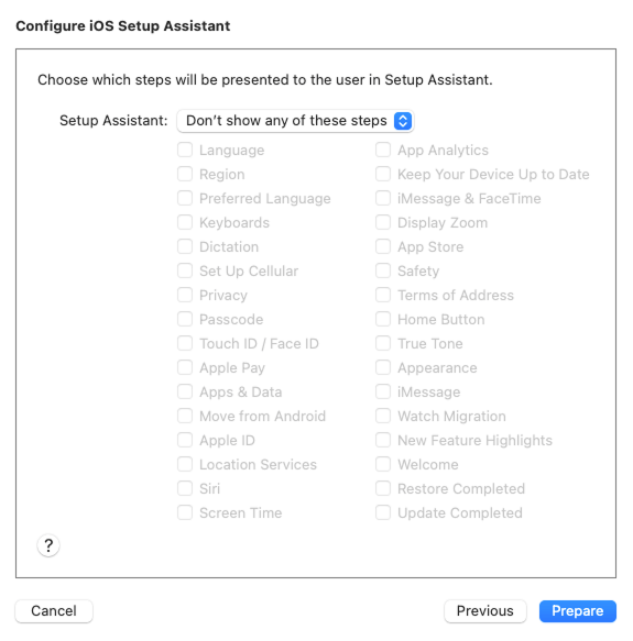 The Configure iOS Setup Assistant screen with Don’t show any of these steps selected