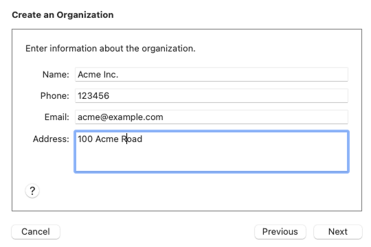 The form to input the organization details with the Next button