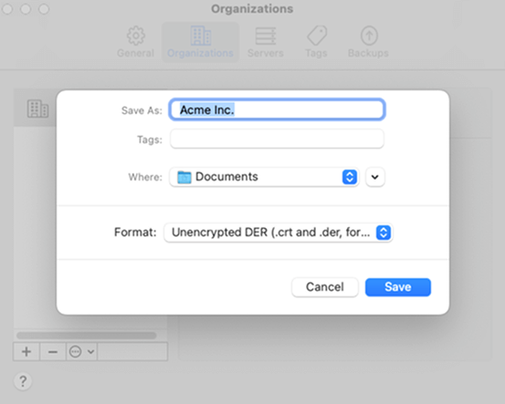 The Export Supervision Identity pop-up with the Unencrypted DER select for Format