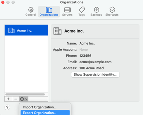 The Export Organization option after selecting the 3-dot icon