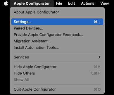 The Settings option under the Apple Configurator menu bar