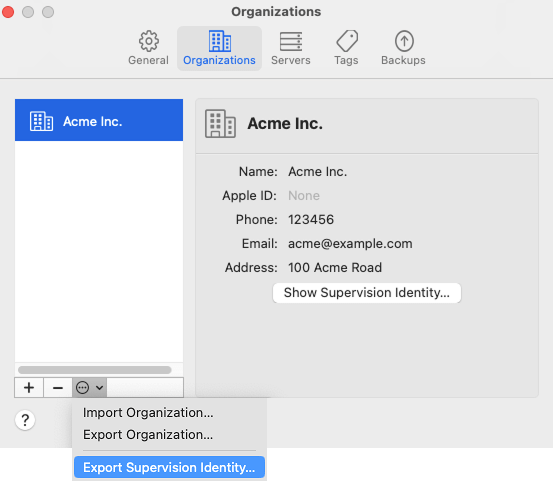 The newly created organization under the list with the menu expanded and the Export Supervision Identity option visible