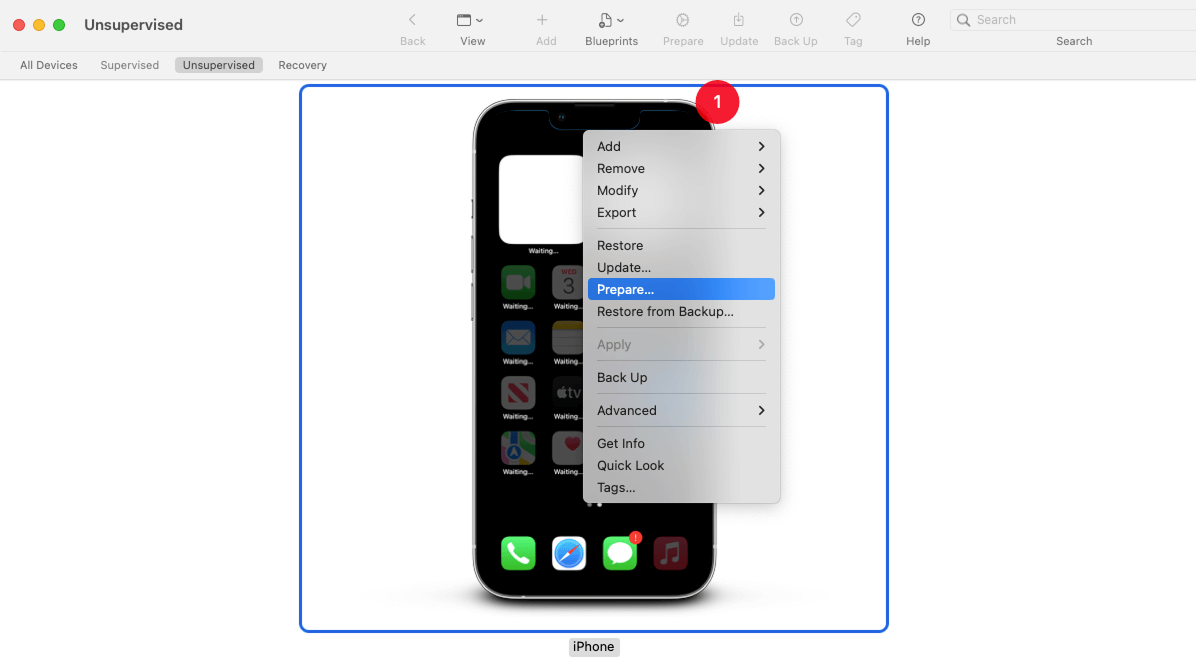 The prepare option after right-clicking the device in Apple Configurator