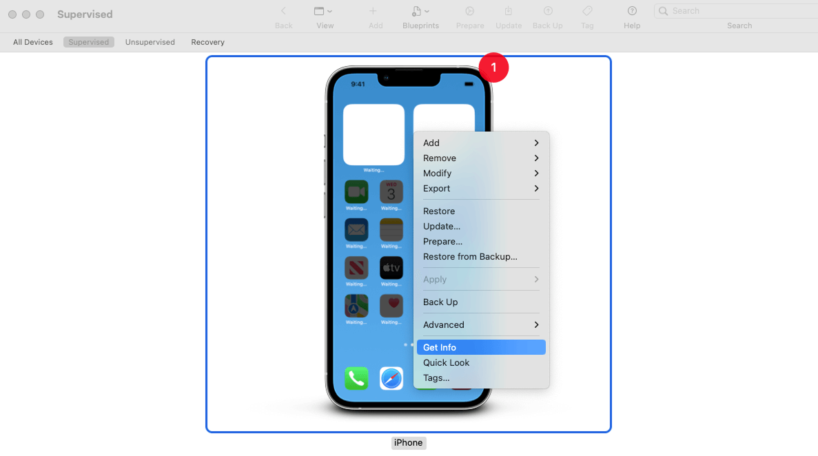 The device under the Supervised tab with the Get Info option