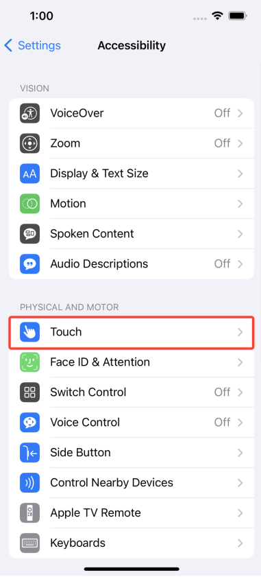 The Touch option in Accessibility under Physical and motor
