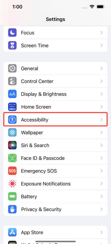 The Accessibility option in Settings
