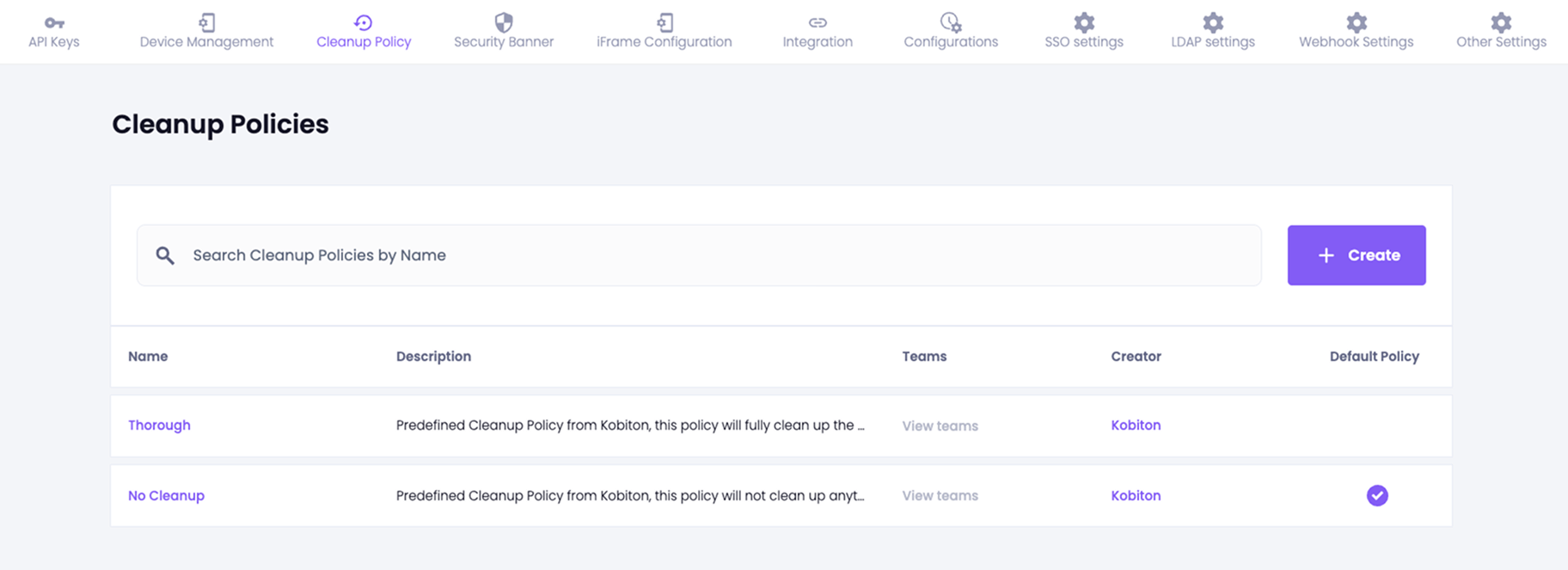 Cleanup Policies window in the Account > Settings