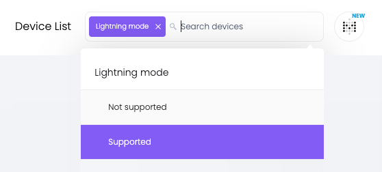 The Lightning mode filter options in Device List