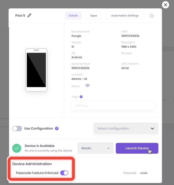 A context of passcode section- Managing Device modal