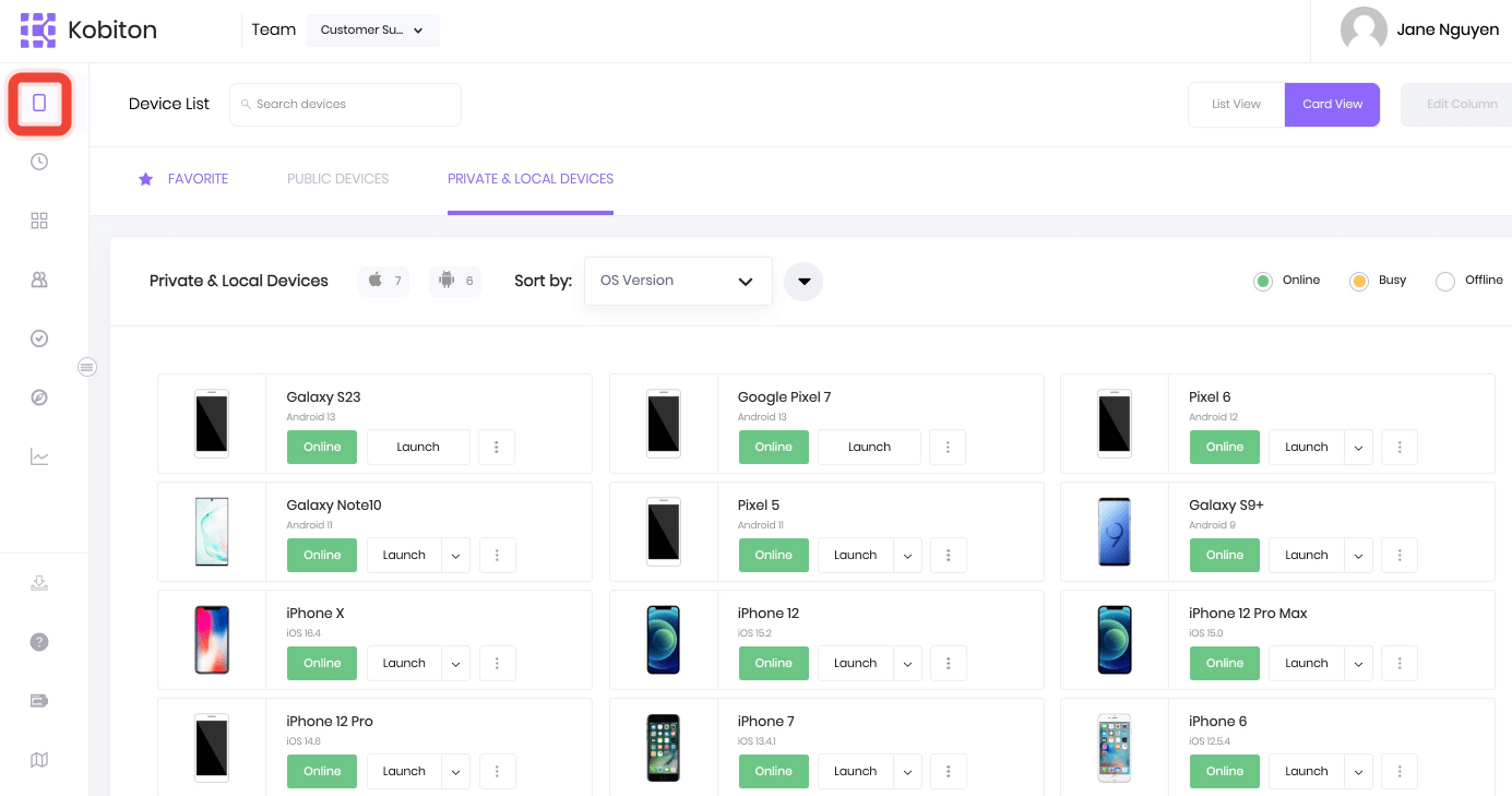 Select Devices tab on Kobiton Portal