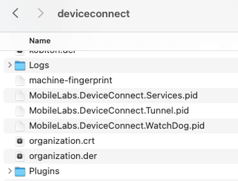 The organization.crt and organization.der file under the deviceconnect folder in Finder