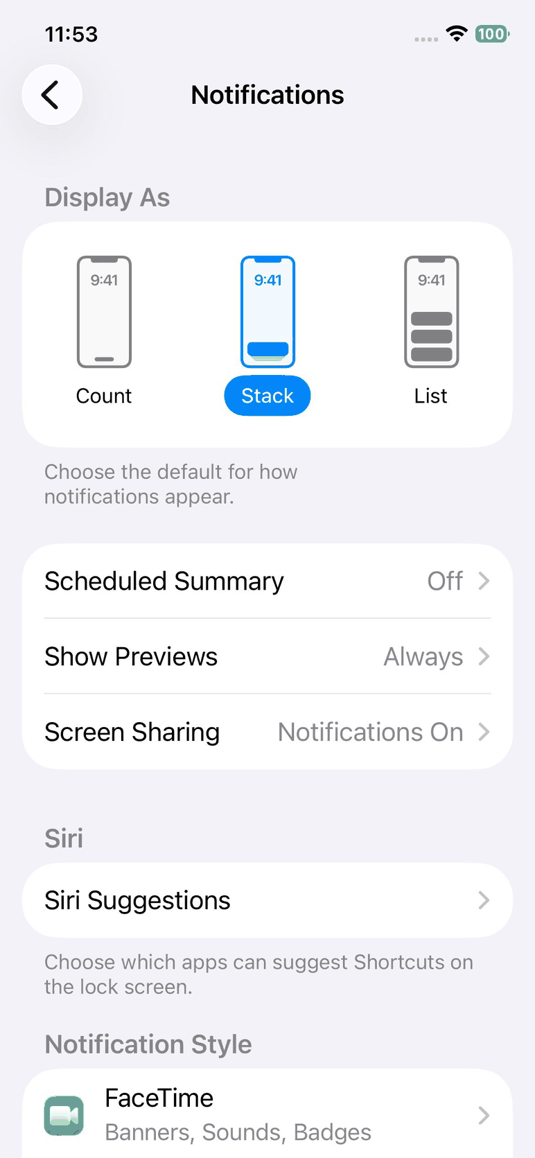 Notifications On for Screen Sharing.