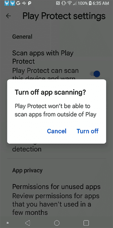 Confirm Turn off app scanning?