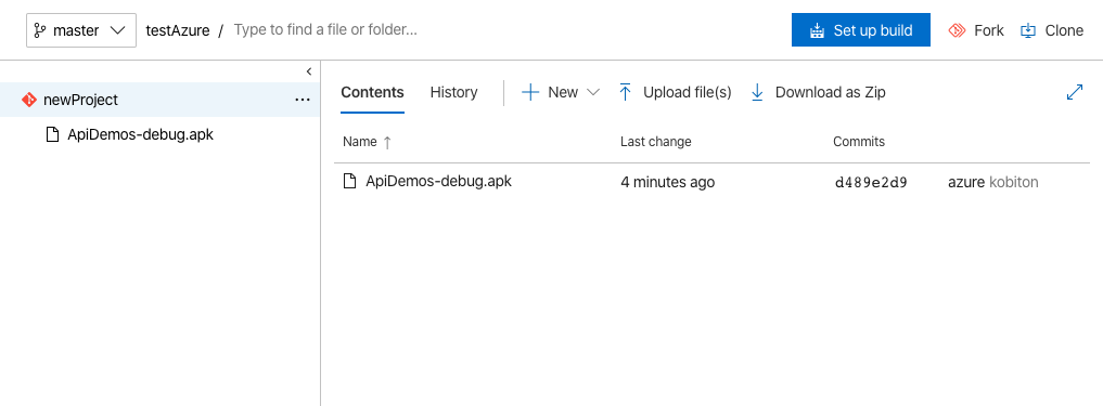 confirm that the uploaded file is listed on your Azure DevOps Project