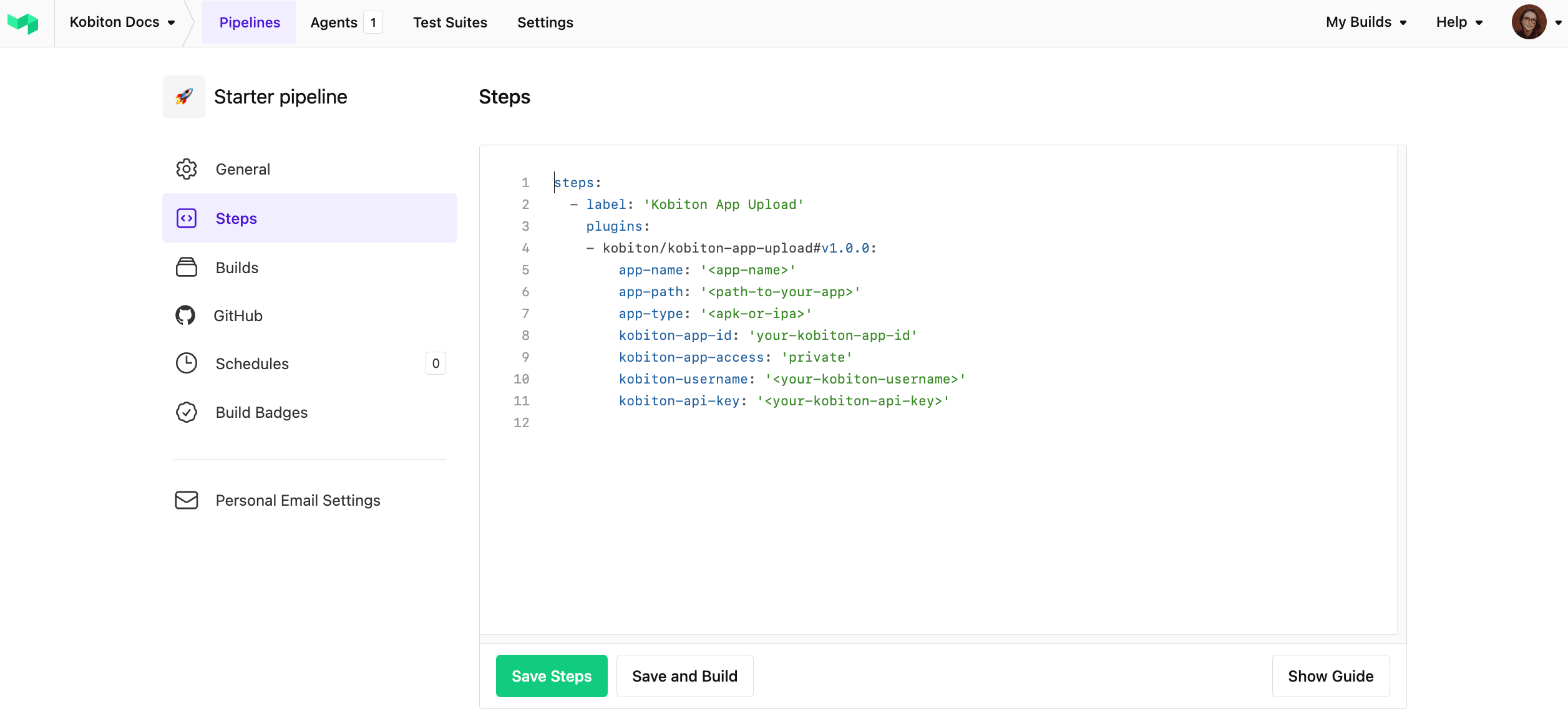 Select Steps tab in BuildKite