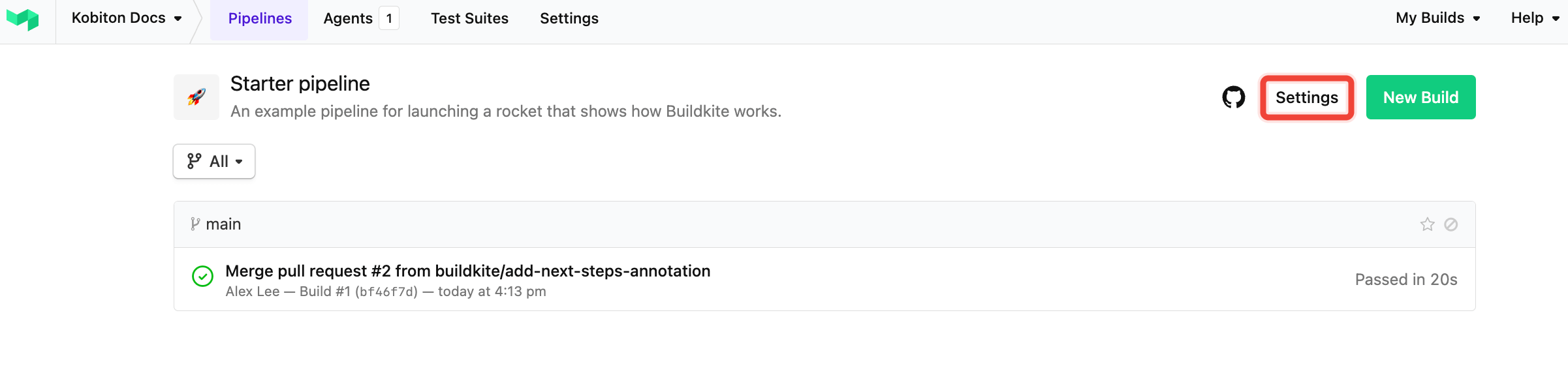 Select Settings tab in BuildKite