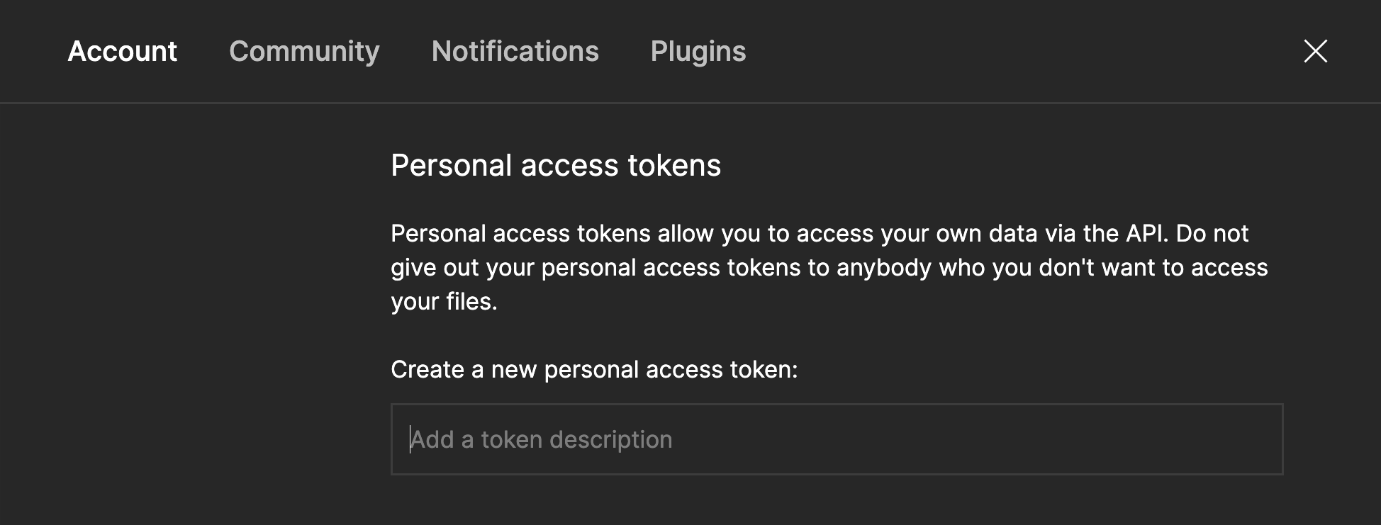 A closeup of Figma’s personal access token creation page.