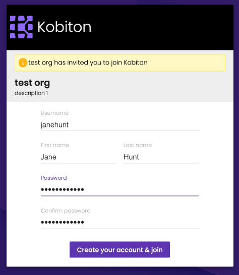 Enter a username, first and last name, and password for your shared Kobiton account