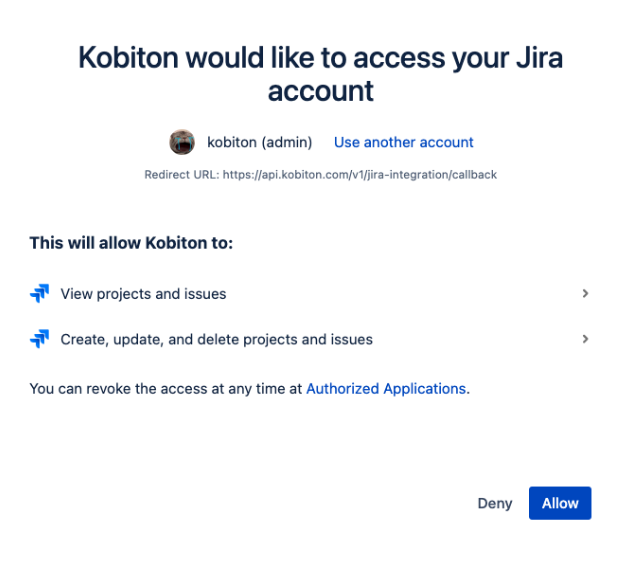 Kobiton asking for permissoin to access your Jira account