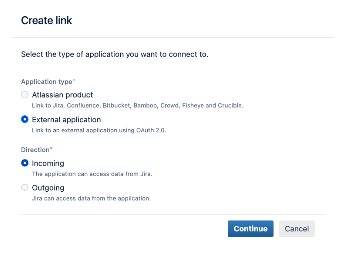 In the Create link menu, selecting External application and incoming options, and then clicking continue