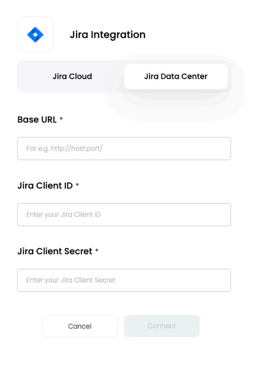 Entering Base URL, Client ID, and Client secret in Jira Data Center tab