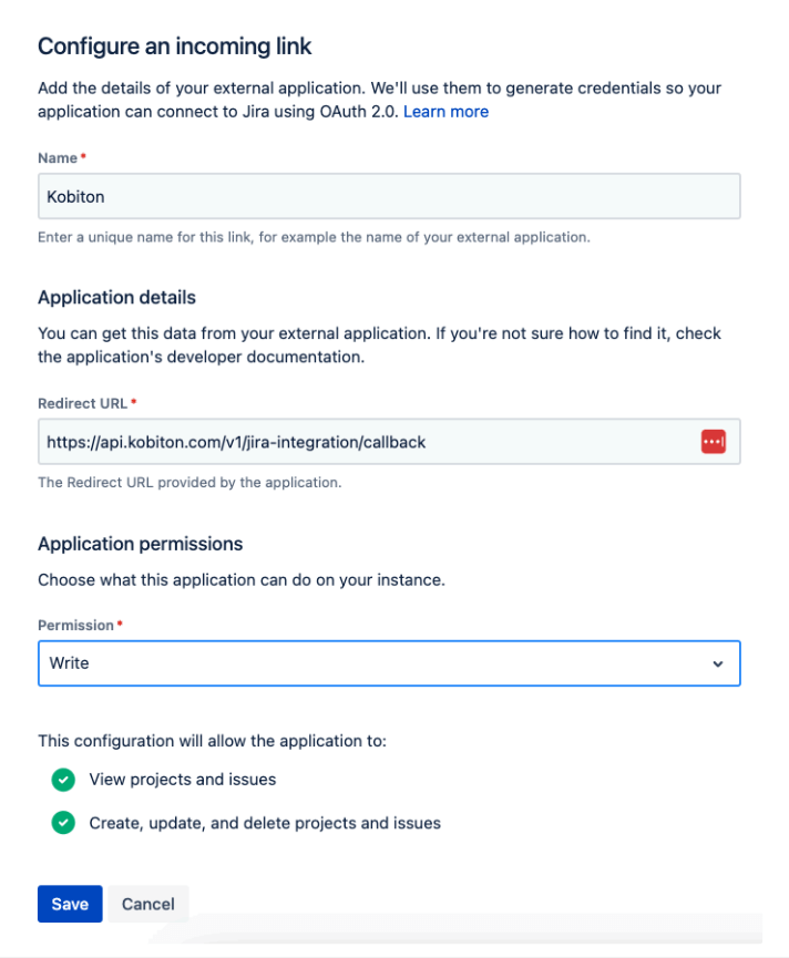 Filling in the incoming link detials: name, redirect url, and permissoin