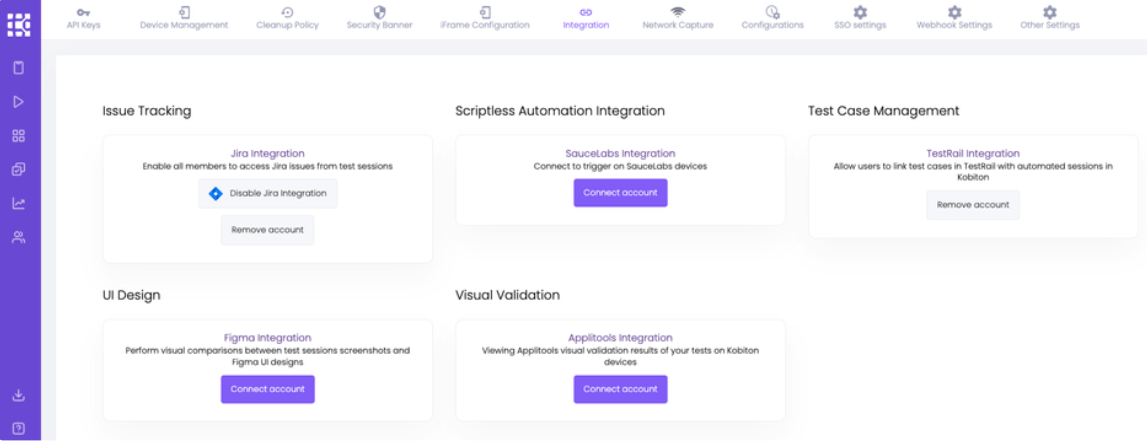 In kobiton, selectin the Integration tab and choosing the Connect account option under Visial Validation/Applitools Integration