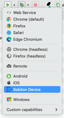 Device selection dropdown in Katalon Studio with Kobiton Device highlighted.
