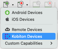 Device source options in Katalon Studio showing Kobiton Devices selected among Android, iOS, and Remote Devices.