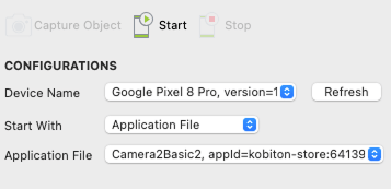 Mobile configuration panel in Katalon with an application file selected for a Google Pixel 8 Pro.