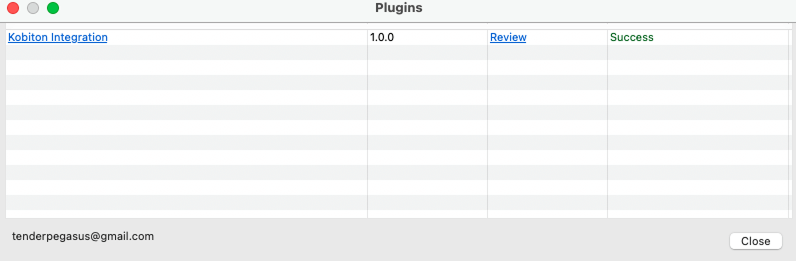 Katalon plugin manager showing Kobiton Integration plugin installed successfully.