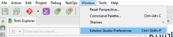 Accessing Katalon Studio Preferences from the Window menu in Windows environment.