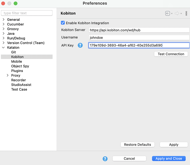Katalon Studio Preferences screen showing Kobiton integration settings with API key and server configured.